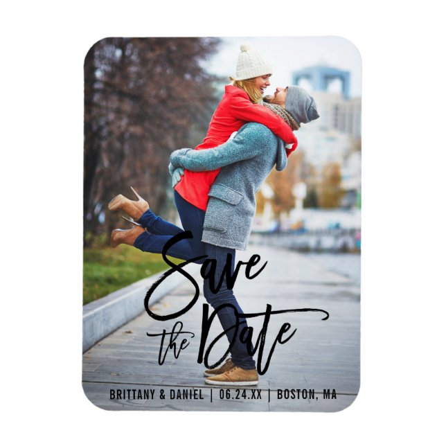 Modern Brush Script Save The Date Photo Engagement Magnet (Vertical)