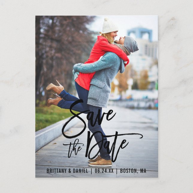 Modern Brush Script Save The Date Photo Engagement Postcard (Front)