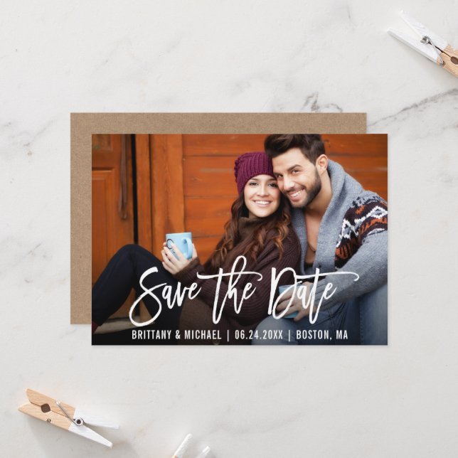 Modern Brush Script Save The Date Photo Kraft Card (Front/Back In Situ)