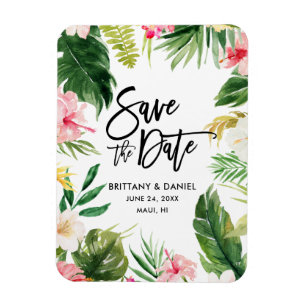 Modern Brush Script Save the Date Tropical Floral Magnet