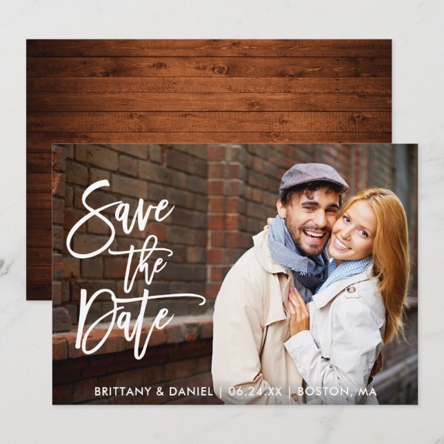 Modern Brush Script Save The Date Wood  Photo Card (Front/Back)
