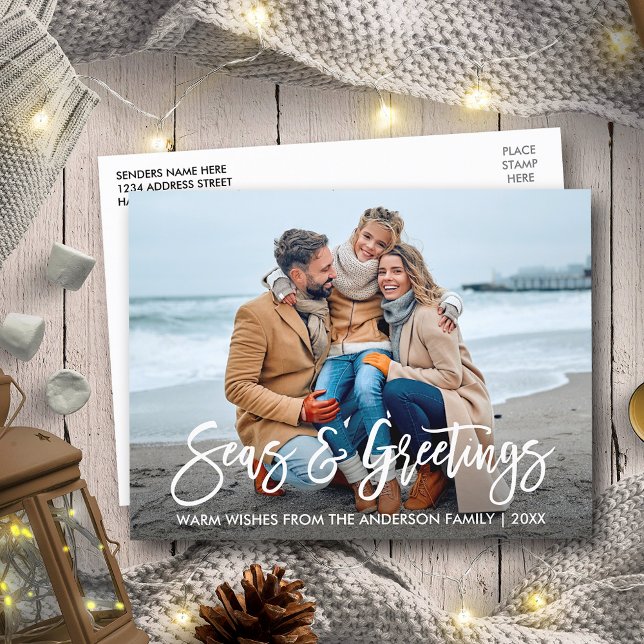 Modern Brush Script Seas and Greetings Holiday Postcard (Customize to change your personalized text size or text style.)