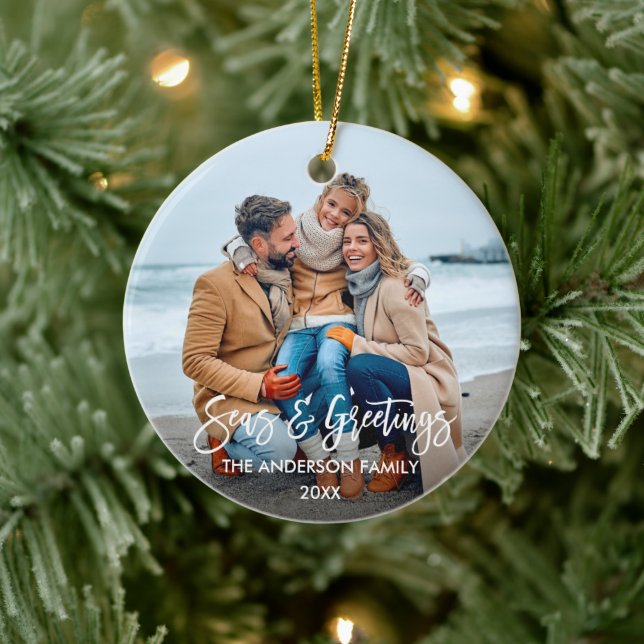 Modern Brush Script Seas and Greetings Photo Ceramic Ornament (Tree)