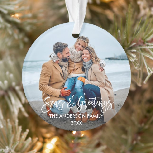 Modern Brush Script Seas and Greetings Photo Ornament (Tree)