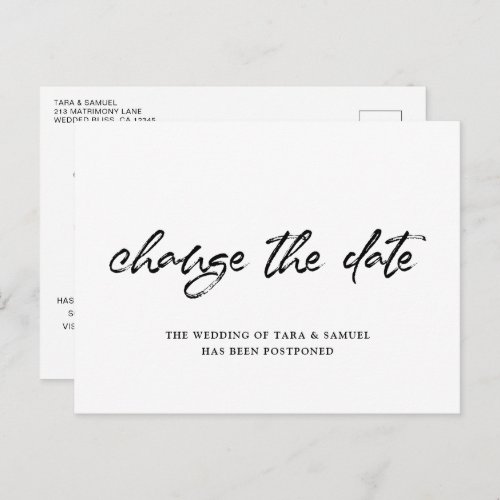 Modern Brush Script Simple Wedding Change the Date Announcement Postcard