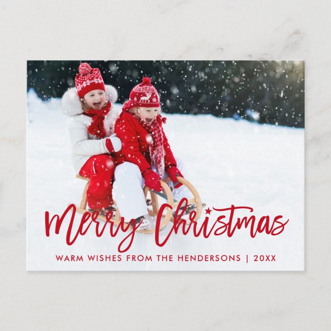 Modern Brush Script Star Photo Christmas Red Postcard (Front)