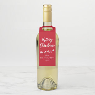 Modern Brush Script Star Santa Merry Christmas Bottle Hanger Tag