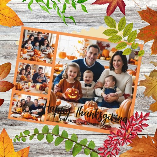 Modern Brush Script Thanksgiving 4 Photo card 