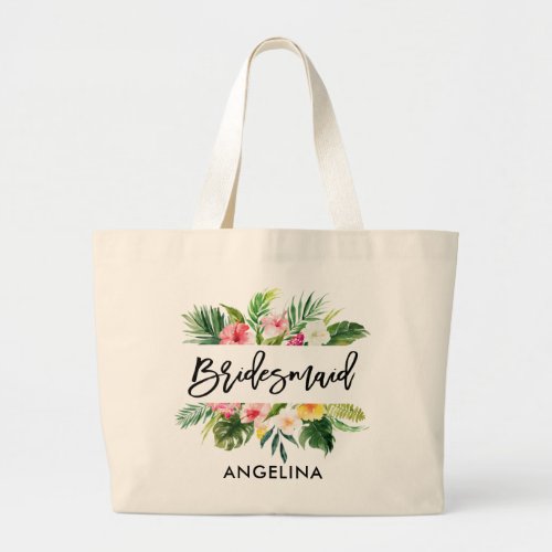 Modern Brush Script Tropical Bridesmaid Large Tote Bag