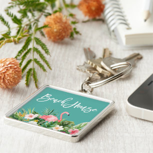 Modern Brush Script Tropical Floral Beach House Keychain