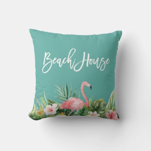 Modern Brush Script Tropical Floral Beach House Outdoor Pillow