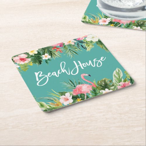 Modern Brush Script Tropical Floral Beach House Square Paper Coaster