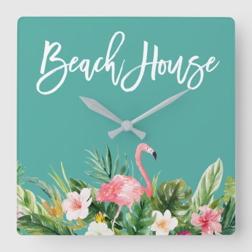 Modern Brush Script Tropical Floral Beach House Square Wall Clock