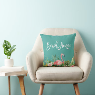 Modern Brush Script Tropical Floral Beach House Throw Pillow