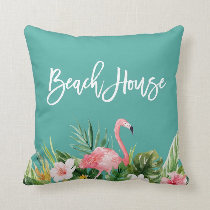 Modern Brush Script Tropical Floral Beach House Throw Pillow