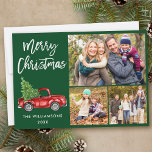 Modern Brush Script Truck 3 Photo Christmas Green Holiday Card<br><div class="desc">Modern Brush Script Watercolor Vintage Red Truck with Christmas Tree - Merry Christmas Family 3 Photo Green Card</div>