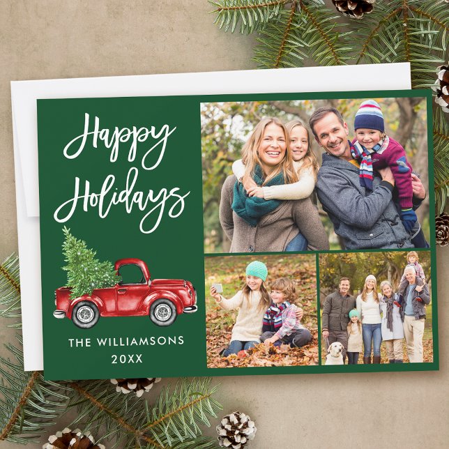Modern Brush Script Truck 3 Photo Green Holiday Card (Customize to add text to back of card.)