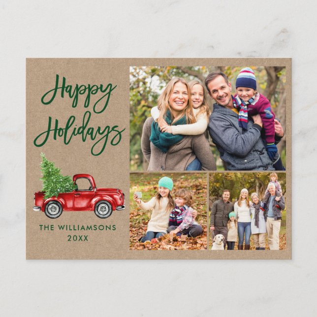Modern Brush Script Truck 3 Photo Kraft Holiday Postcard (Front)