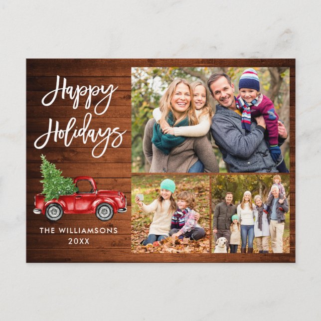 Modern Brush Script Truck 3 Photo Wood Holiday Postcard (Front)