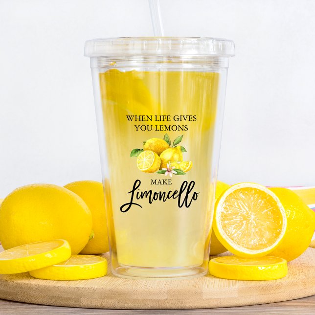 Modern Brush Script Watercolor Lemons Limoncello Acrylic Tumbler (Choose your lid color.)