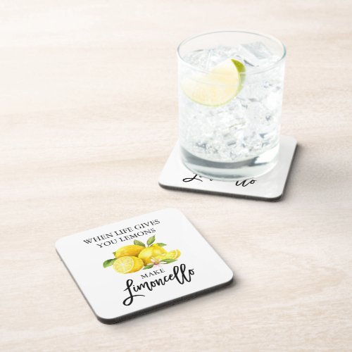 Modern Brush Script Watercolor Lemons Limoncello Beverage Coaster