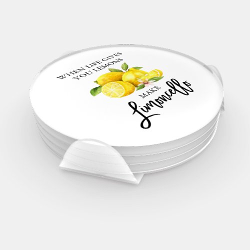 Modern Brush Script Watercolor Lemons Limoncello Coaster Set