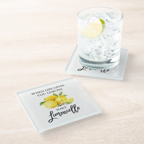 Modern Brush Script Watercolor Lemons Limoncello Glass Coaster