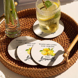 Modern Brush Script Watercolor Lemons Limoncello Round Paper Coaster