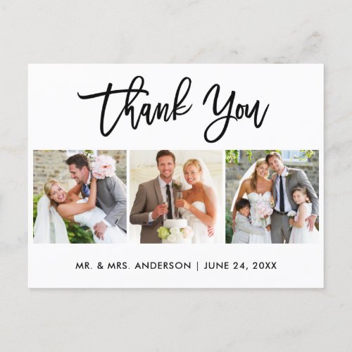 Modern Brush Script Wedding 3 Photo Thank You Postcard