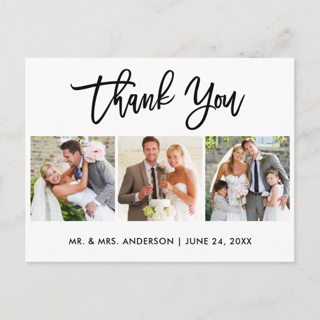 Modern Brush Script Wedding 3 Photo Thank You Postcard (Front)