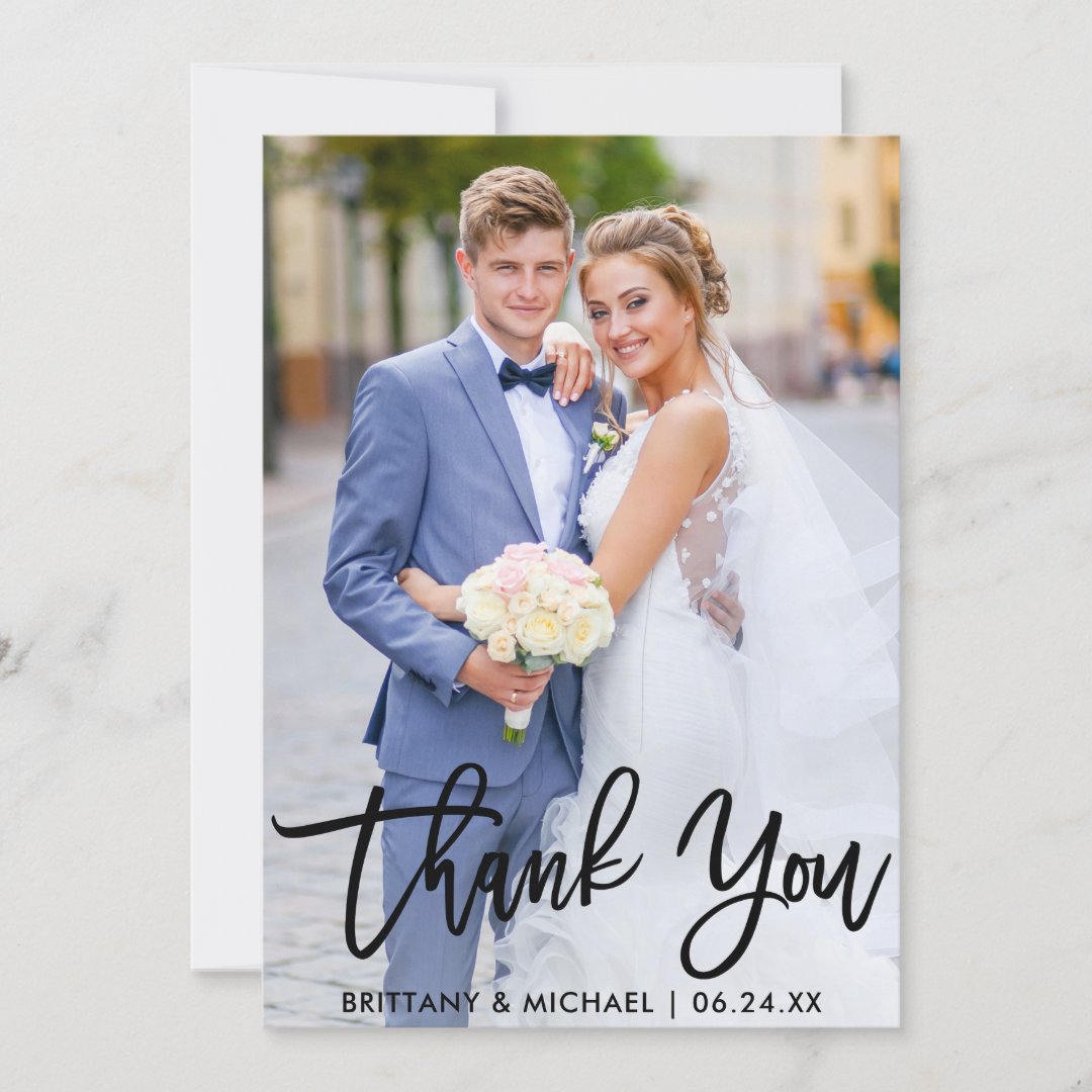 Modern Brush Script Wedding Couple Photo Thank You Card | Zazzle