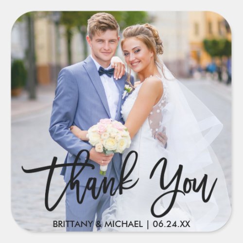 Modern Brush Script Wedding Couple Photo Thank You Square Sticker