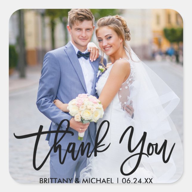 Modern Brush Script Wedding Couple Photo Thank You Square Sticker (Front)