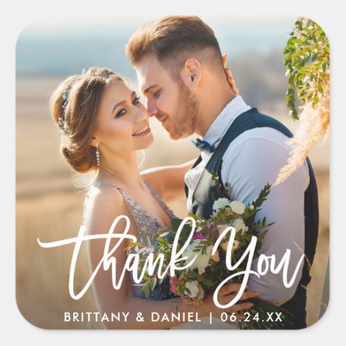 Modern Brush Script Wedding Couple Thank You W Square Sticker