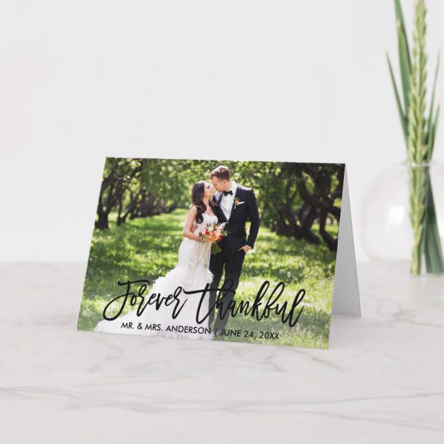 Modern Brush Script Wedding Forever Thankful Fold Letterpress Thank You Card (Front)