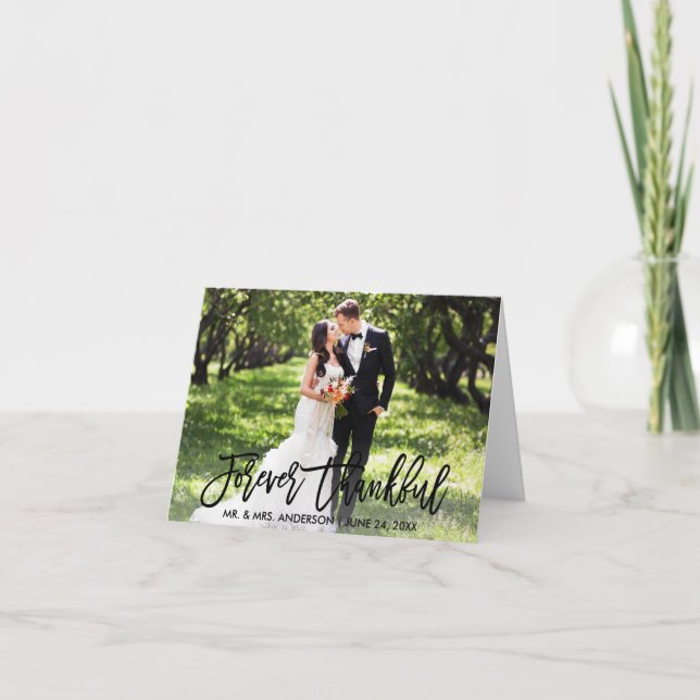 Modern Brush Script Wedding Forever Thankful Note Letterpress Thank You Card (Front)