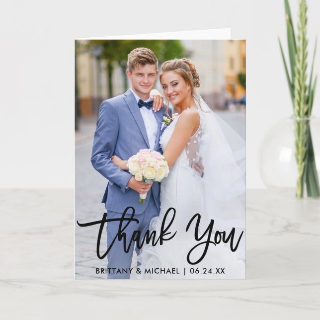 Modern Brush Script Wedding Photo Fold Thank You Card (Front)