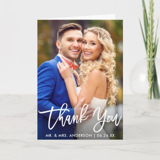 Modern Brush Script Wedding Photo Folded Thank You Card (Front)
