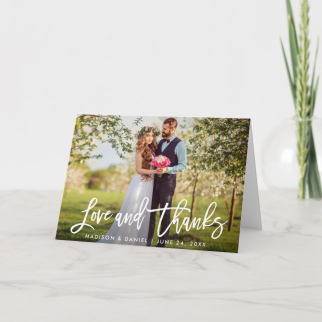 Modern Brush Script Wedding Photo Love Thanks Fold Card (Front)