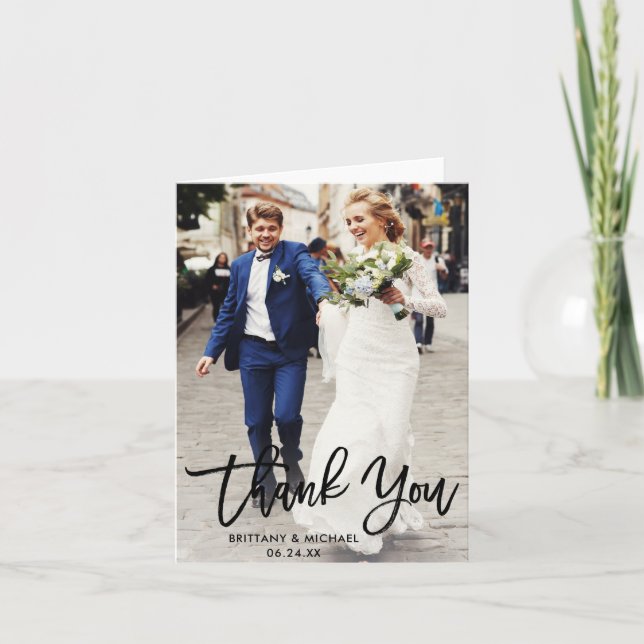 Modern Brush Script | Wedding Photo Note Letterpress Thank You Card (Front)