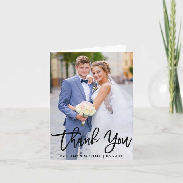 Modern Brush Script Wedding Photo Note Thank You Card (Front)