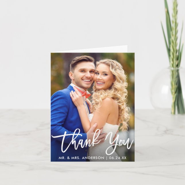 Modern Brush Script Wedding Photo Thank You Note Card (Front)