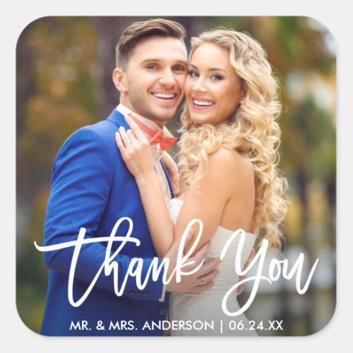 Modern Brush Script Wedding Photo Thank You Square Sticker