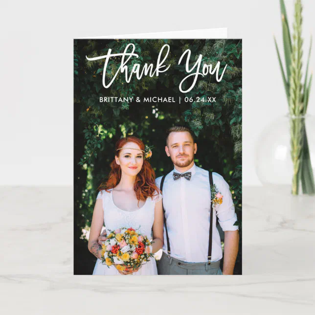 Modern Brush Script Wedding Photo Thank You W Fold Card | Zazzle