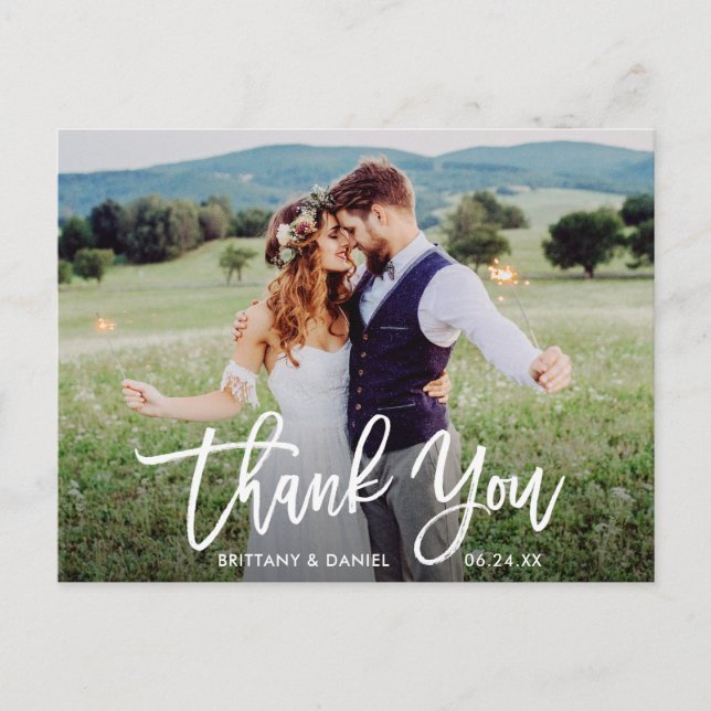Modern Brush Script Wedding Photo Thank You W Postcard (Front)