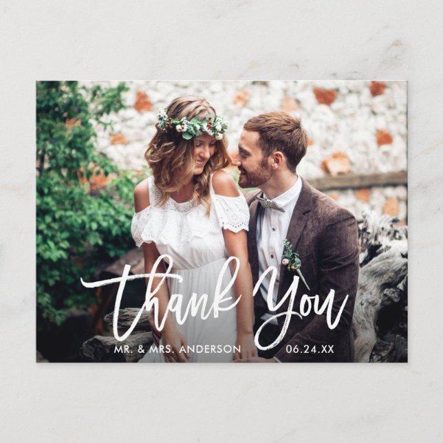 Modern Brush Script Wedding Photo Thank You Wht Postcard (Front)