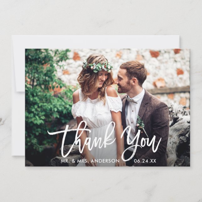 Modern Brush Script Wedding Photo Wht Thank You Card (Front)