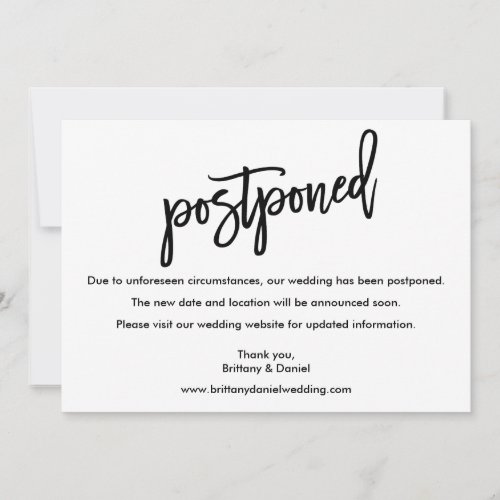 Modern Brush Script Wedding Postponed Card