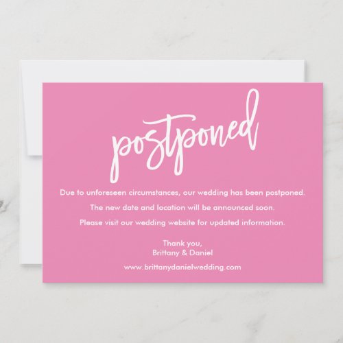 Modern Brush Script Wedding Postponed Pink Card