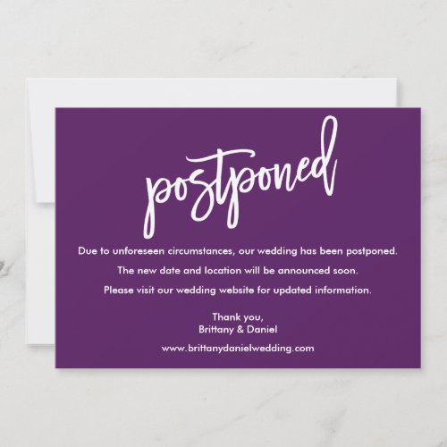 Modern Brush Script Wedding Postponed Purple Card